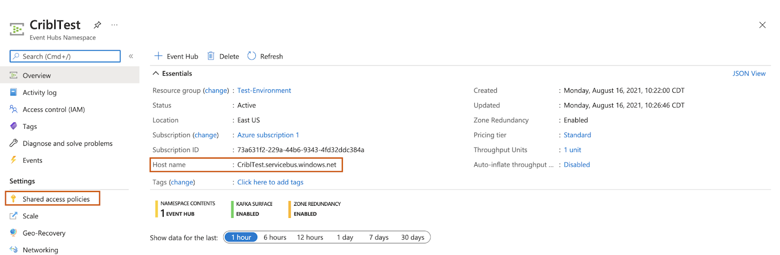 Finding the Host name and Shared access policies