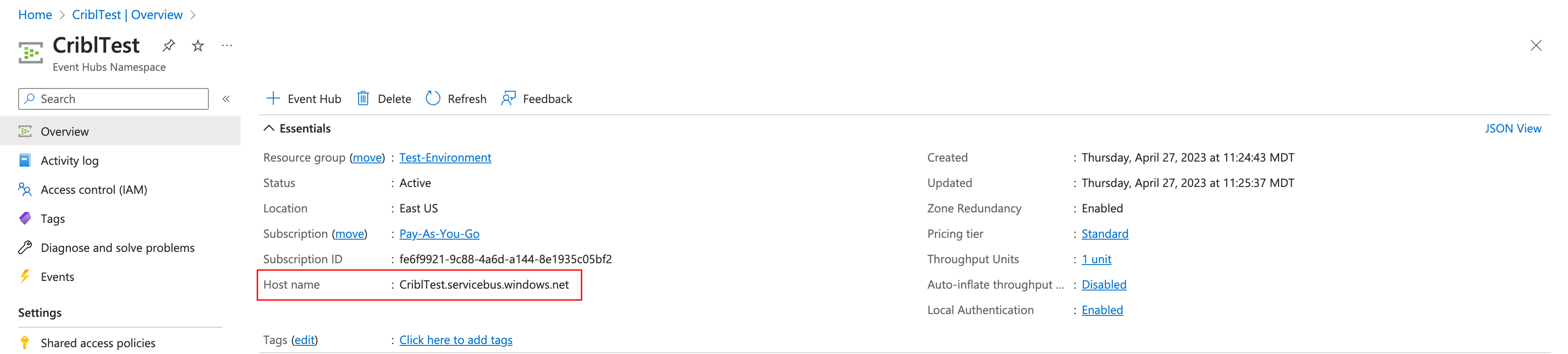 Finding the Host name and Shared access policies