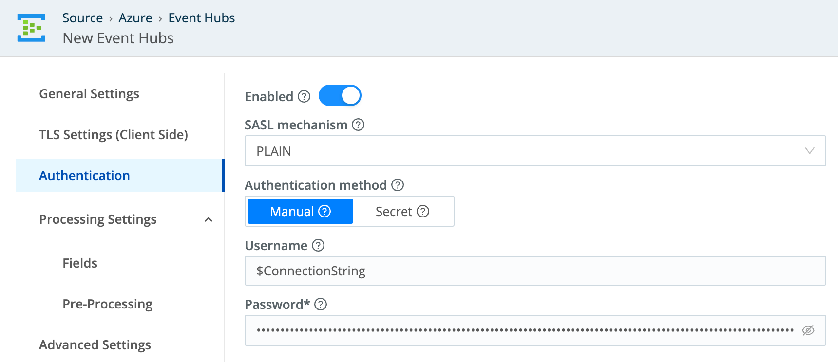 The Authentication tab