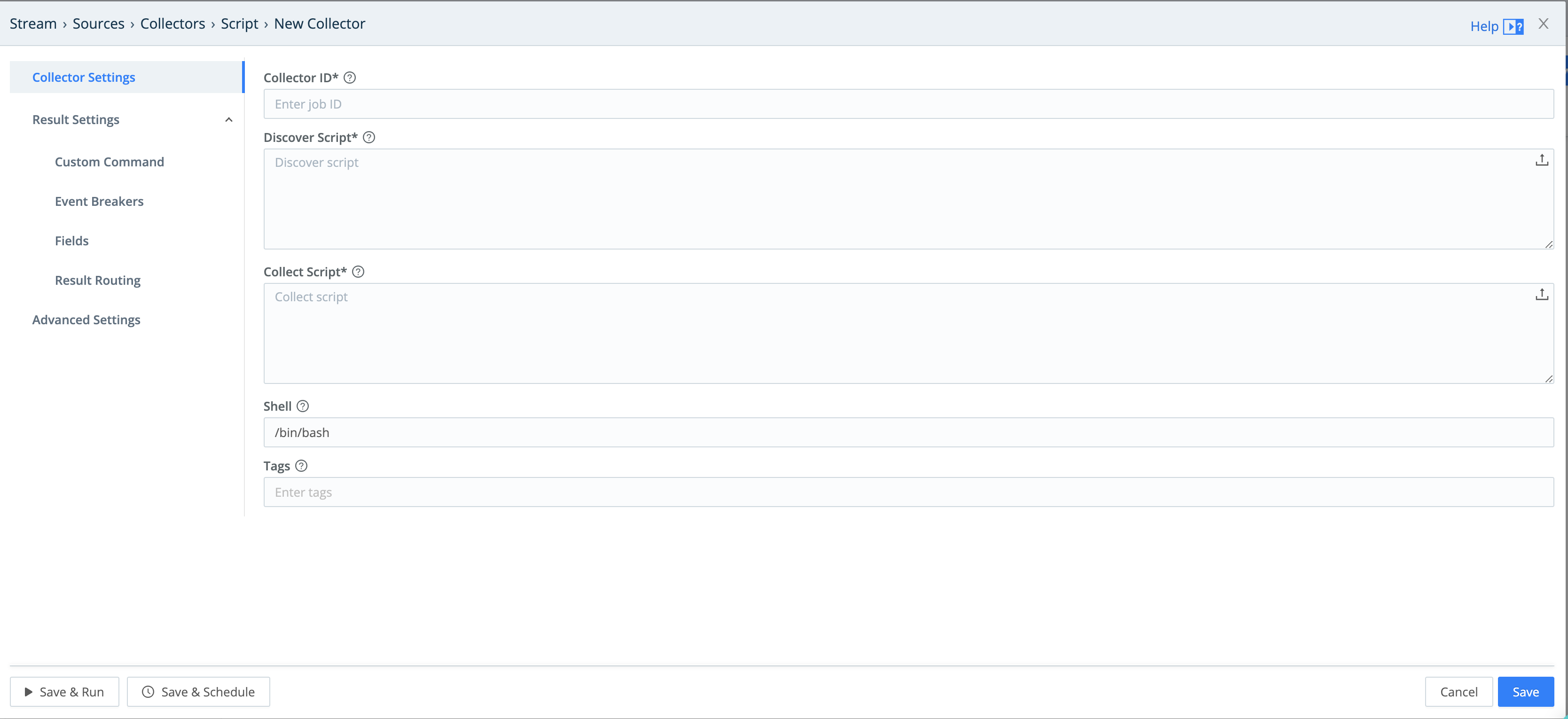 Script Collector Configuration Screen