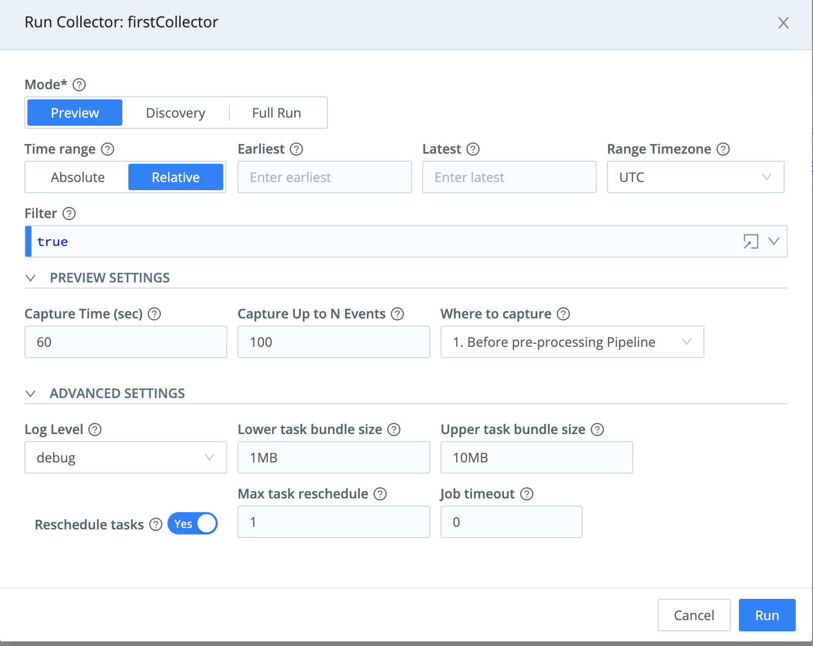 Run Collector Settings