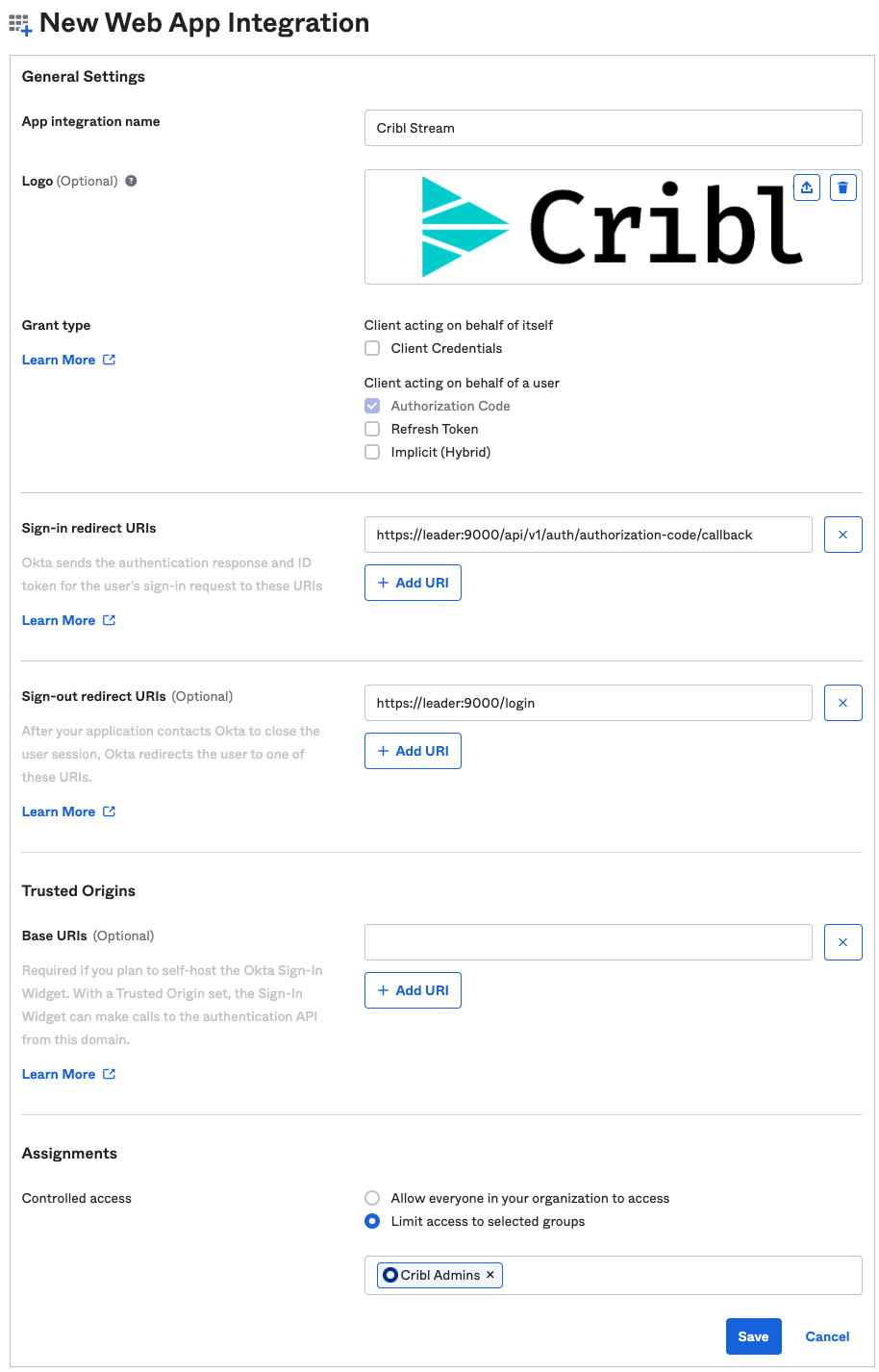 Completing the new app integration in Okta