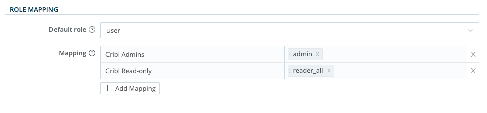 Role mapping in Cribl with sample mappings.