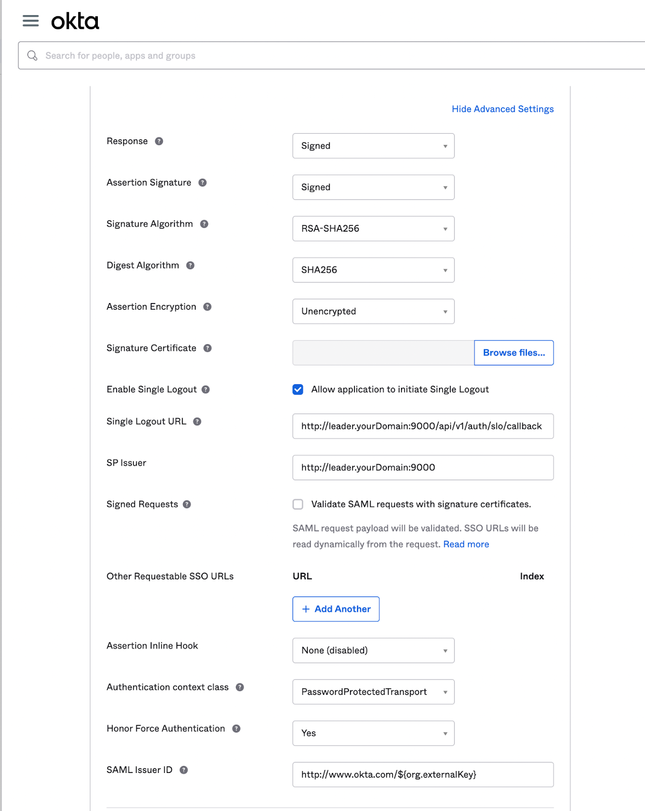 Okta Advanced Settings