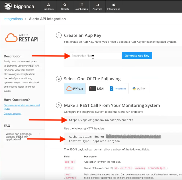 The Alerts API Integration page