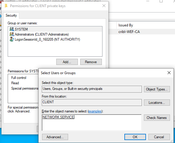 Adding the Network Service user