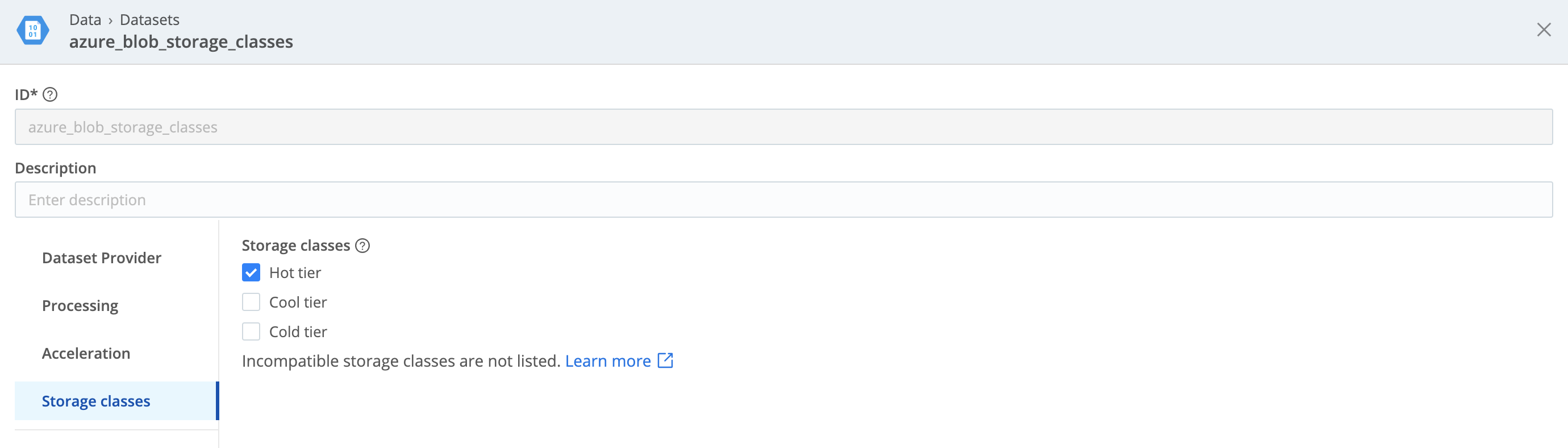 Azure Blob Storage Dataset: default storage classes