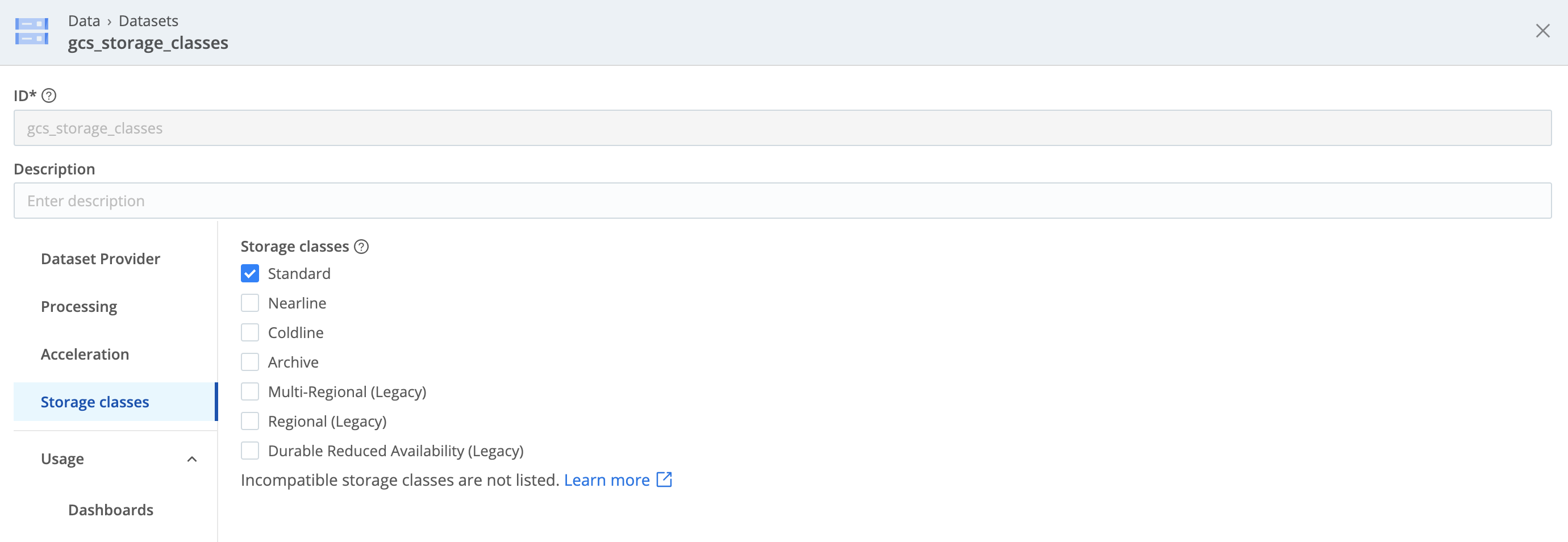 Google Cloud Storage Dataset: default storage classes