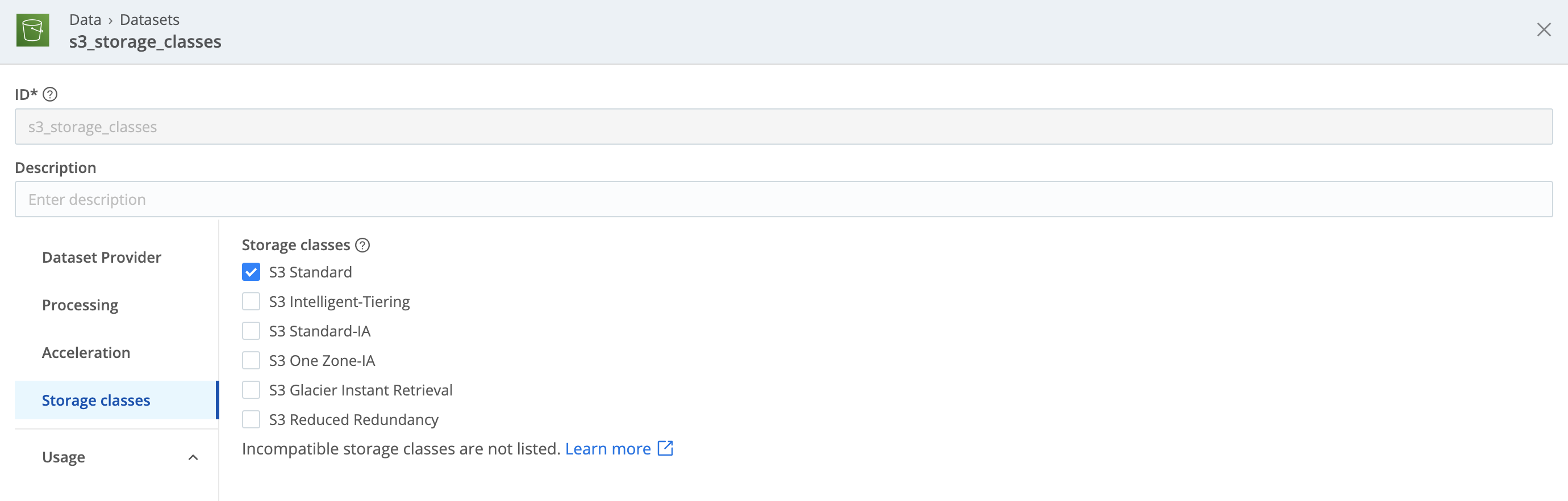 S3 Dataset: default storage classes