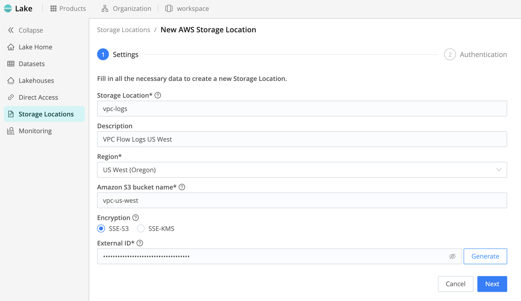 Screenshot of configured Settings page, the first step in configuring a new Storage Location in Cribl Lake.