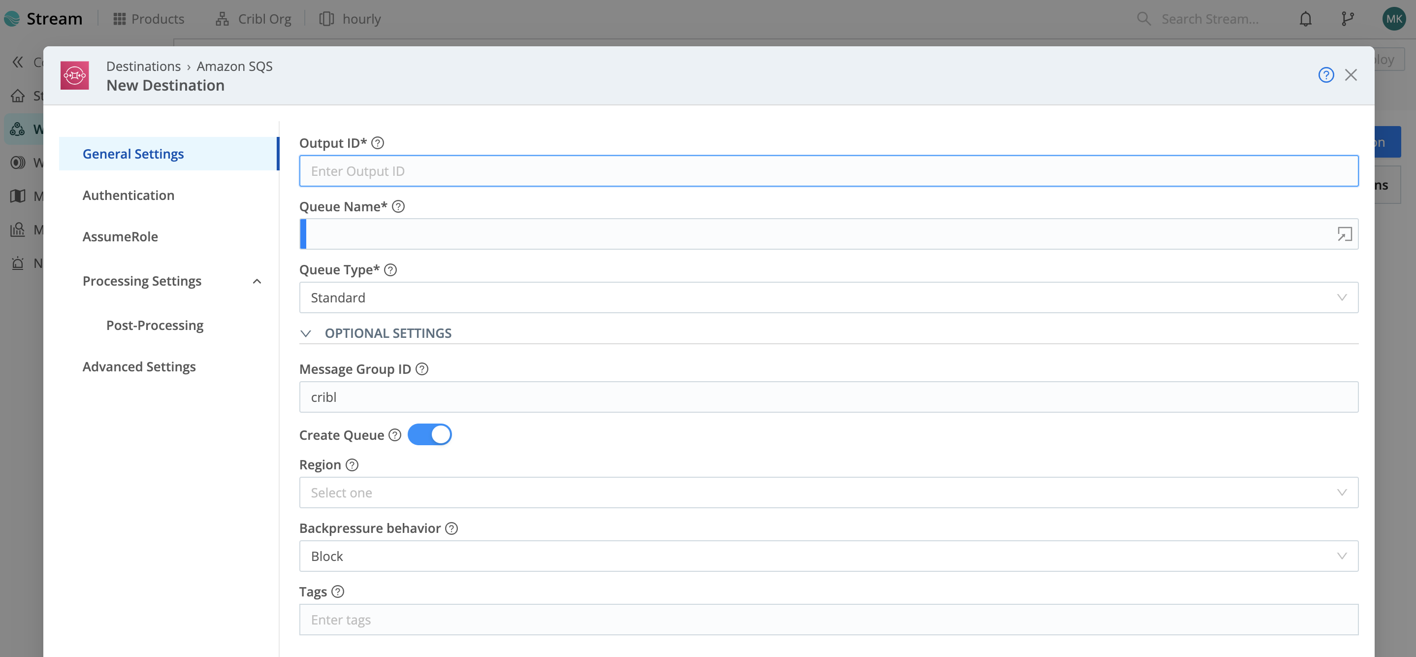 Destination config modal