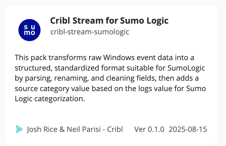 Cribl Stream for Sumo Logic tile from Cribl Packs Dispensary, showing both Display name and Pack ID.