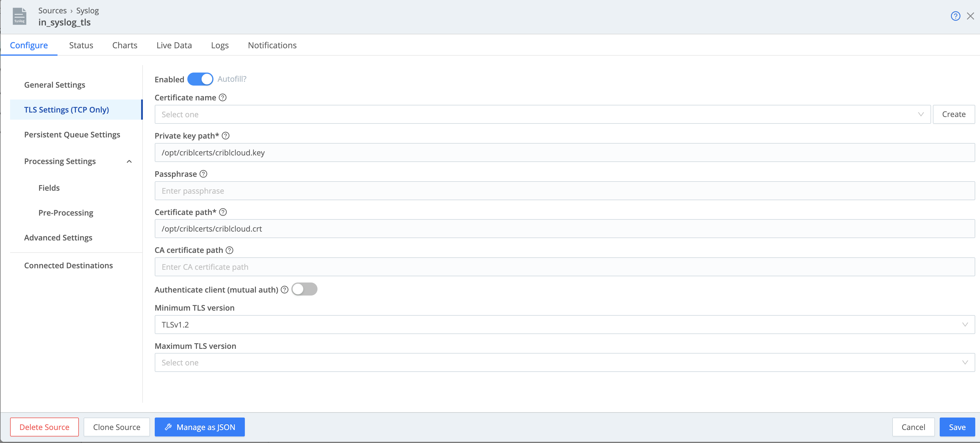 Default TLS Settings in Syslog Source
