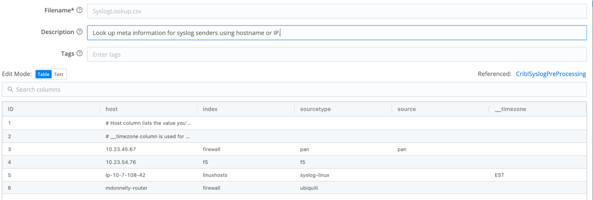 Stock SyslogLookup.csv file, to be filled with customer data