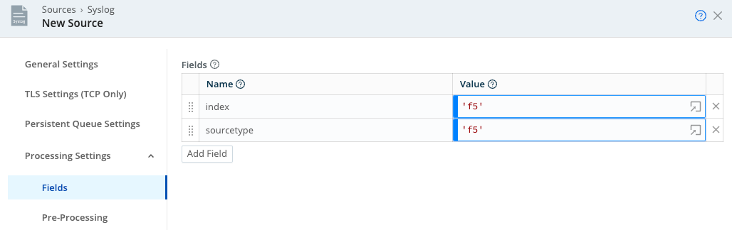 Metadata fields tied to a dedicated-port Syslog source