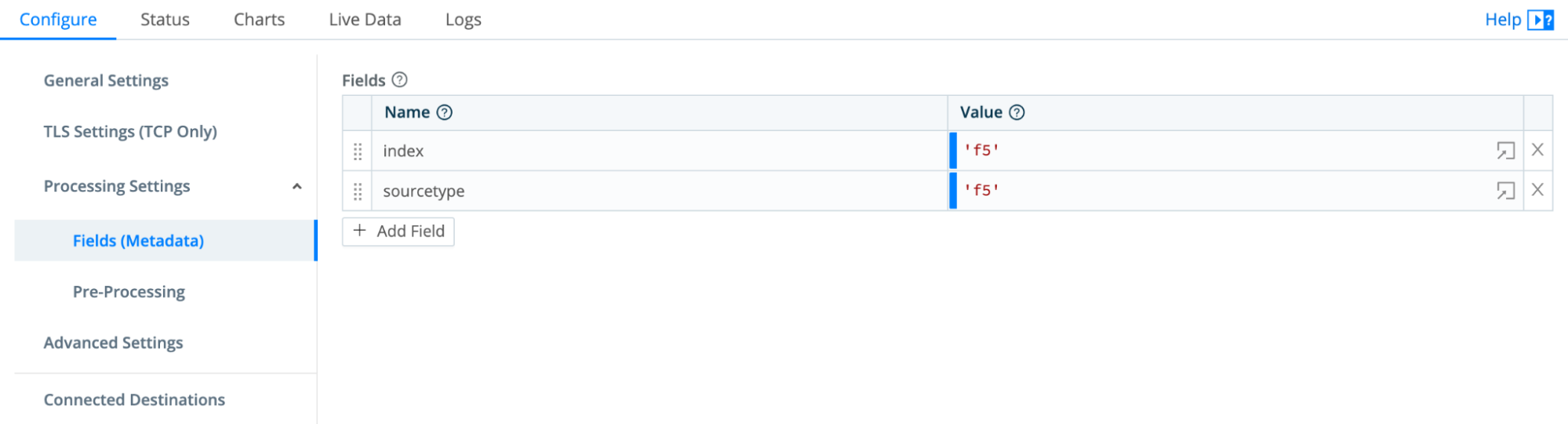Metadata fields tied to a dedicated-port Syslog source