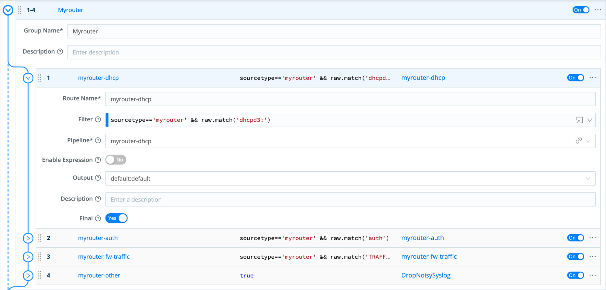 Example of Routes in a Group, each tied to the same sender
