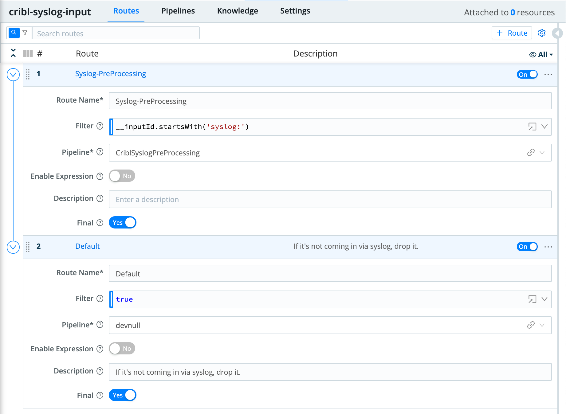 Routes page in the Cribl Pack for Syslog Input