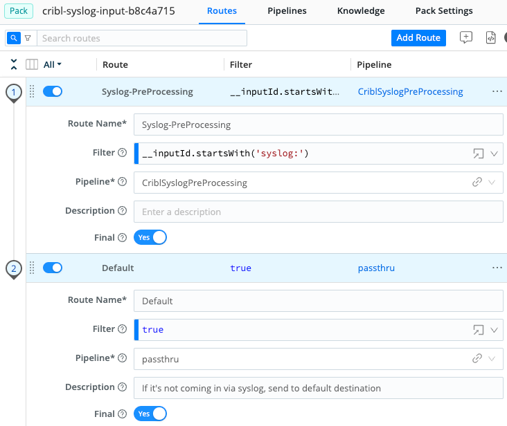Routes page in the Cribl Pack for Syslog Input