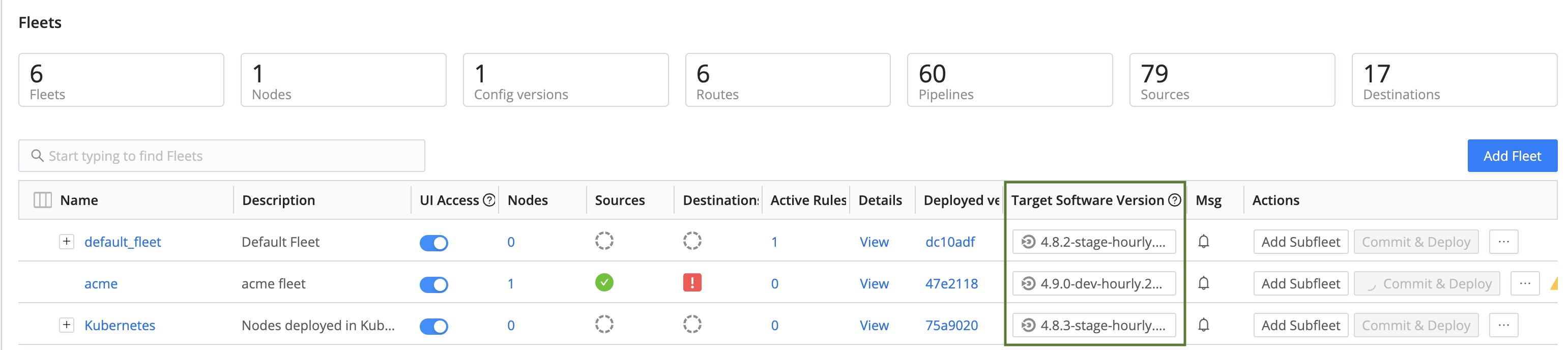 Target version button on Manage > Fleets