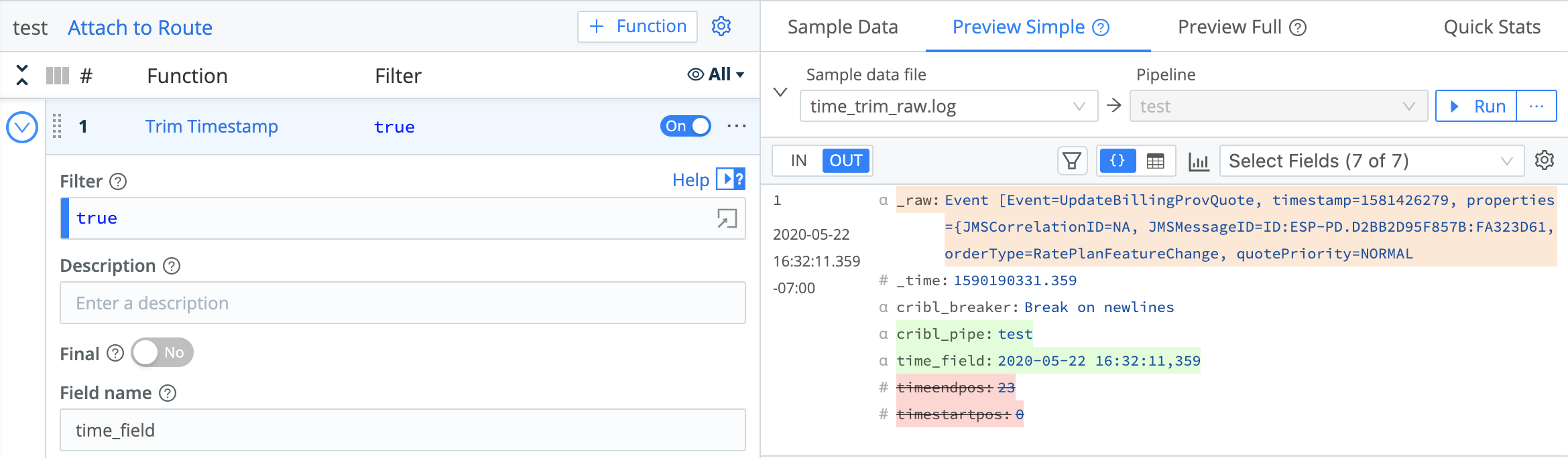 Example event, saved and transformed