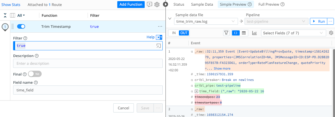 Example event, saved and transformed