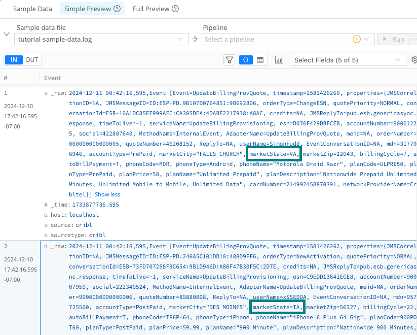 Example marketState key-value pairs