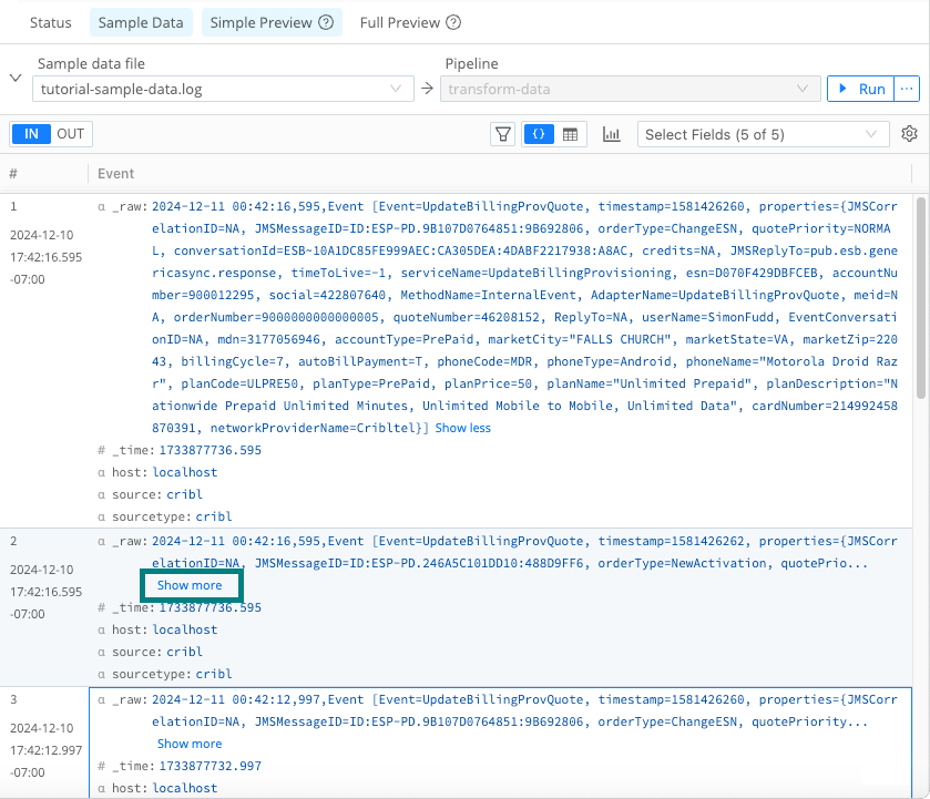 Select &ldquo;Show more&rdquo; to expand sample data
