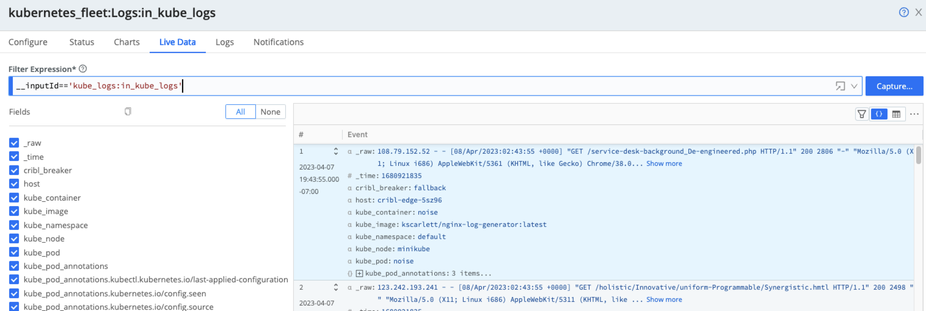 Live Data: Kubernetes Logs Source