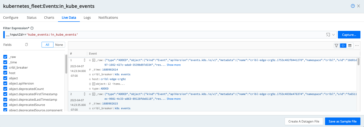 Live Data: Kubernetes Events Source