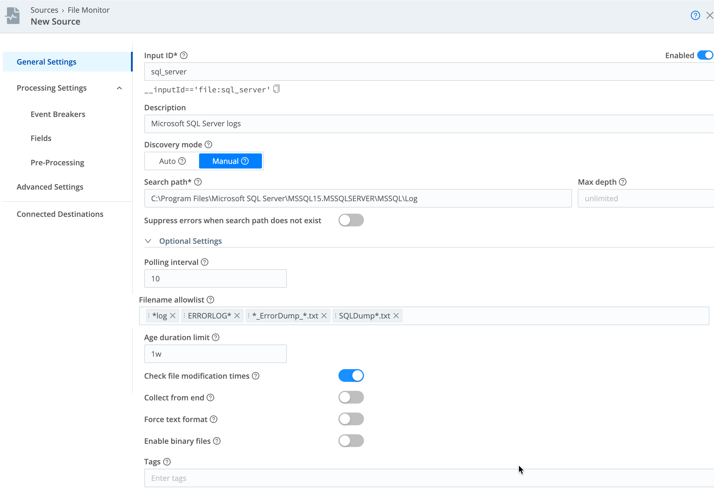File Monitor configuration in Manual mode