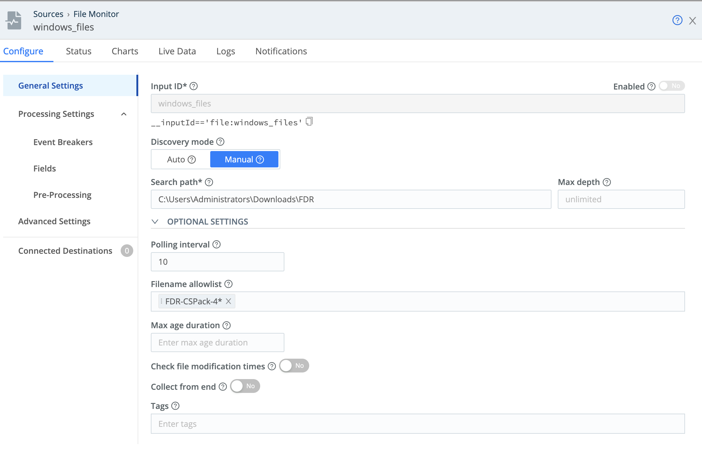 File Monitor Configuration in Manual mode
