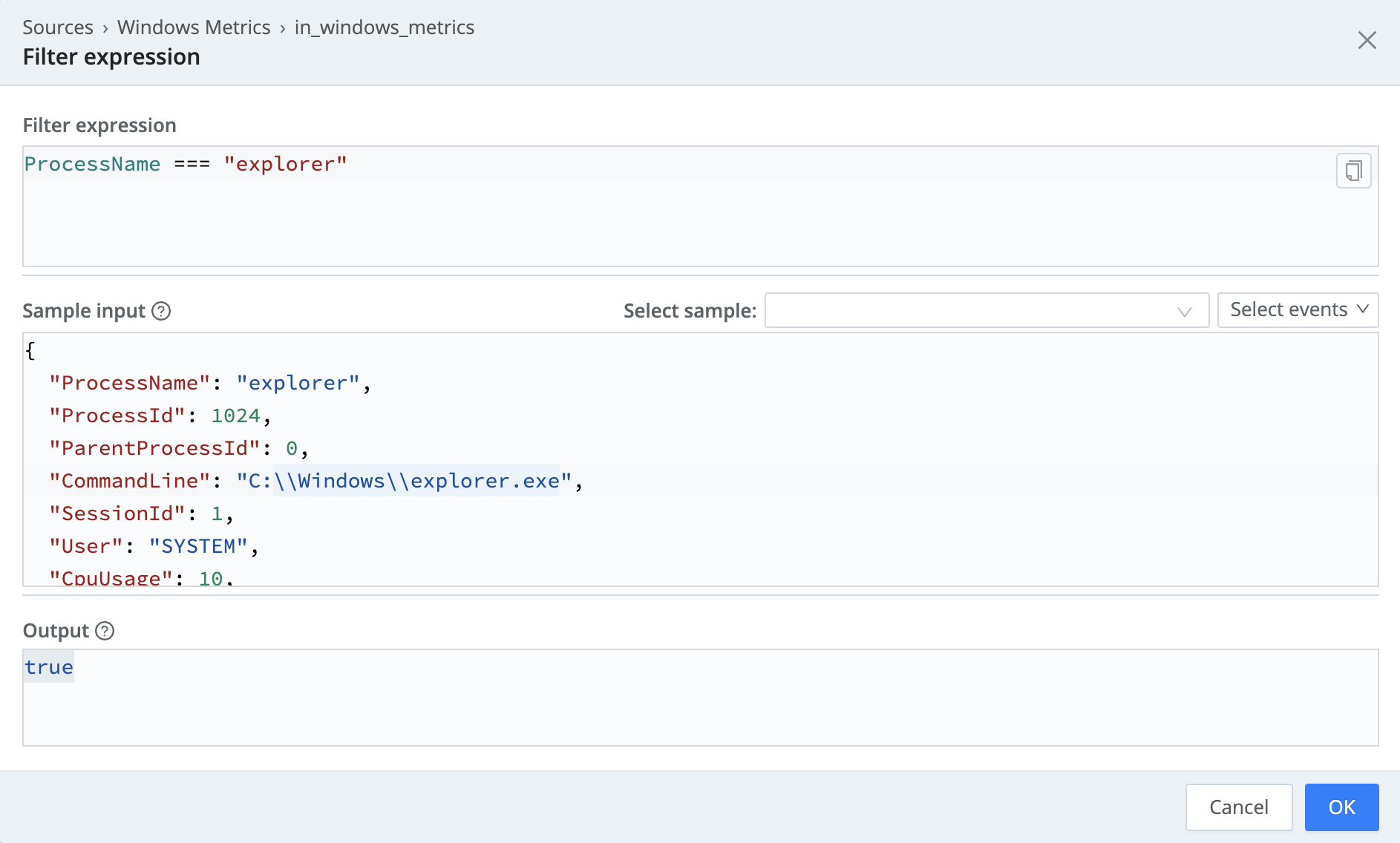 The Advanced mode window, for process-specific metrics