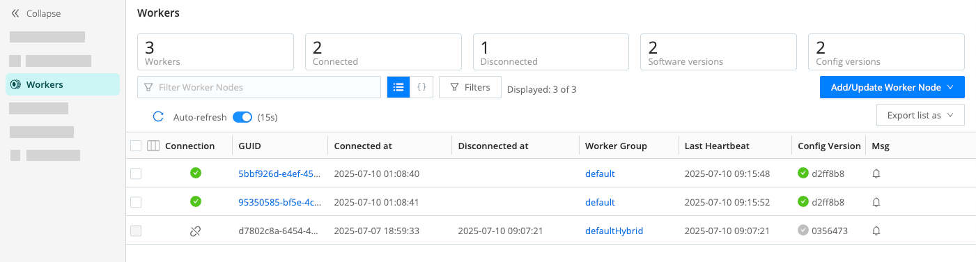 Workers page showing a list of Worker Nodes